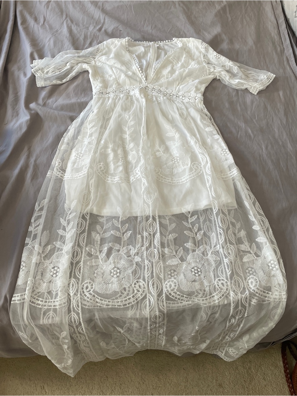 Boho White Lace Maxi Dress with Sheer Floral Overlay